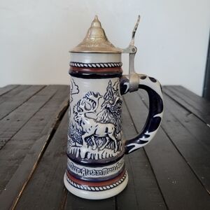 Avon Vintage 1976 Stein Collection Blue White Ceramic Wildlife Moose Ram Eagle